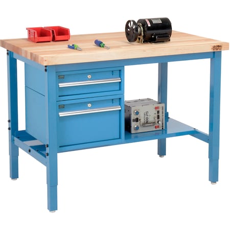 Global Industrial 96 x 36 Production Workbench, Maple Square Edge, Drawers & Shelf, Blue 319272BL